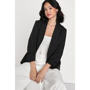 Lulus Back In Business Black Ruched Sleeve Blazer - Size M